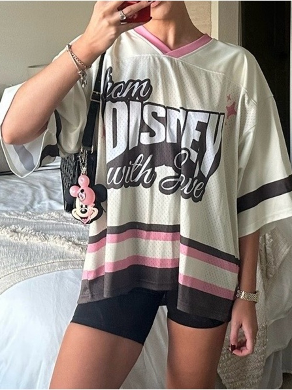 Disney Graphic Oversized Jersey Top in Cream, Pink & Black